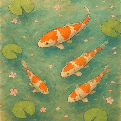 A koi pond seen from above, orange and white koi fish swimming among lily pads, clear water with subtle ripples, fallen cherry blossom petals floating on the surface, dappled sunlight
