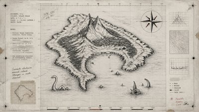 a map of an island realm with mountains, forests, a sheltered bay, sea monsters in the water and a compass rose, no text labels