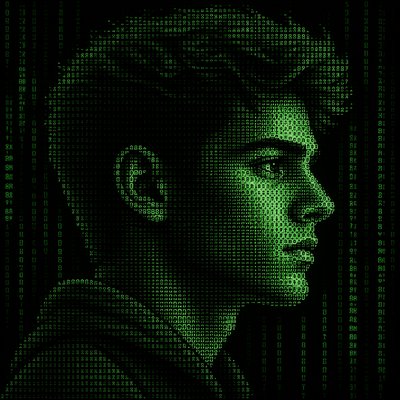 side profile portrait of a young man, high contrast lighting, black background, ascii art style, made of text characters, matrix style green code, glowing green letters, digital hacker aesthetic, cinematic lighting, detailed face structure