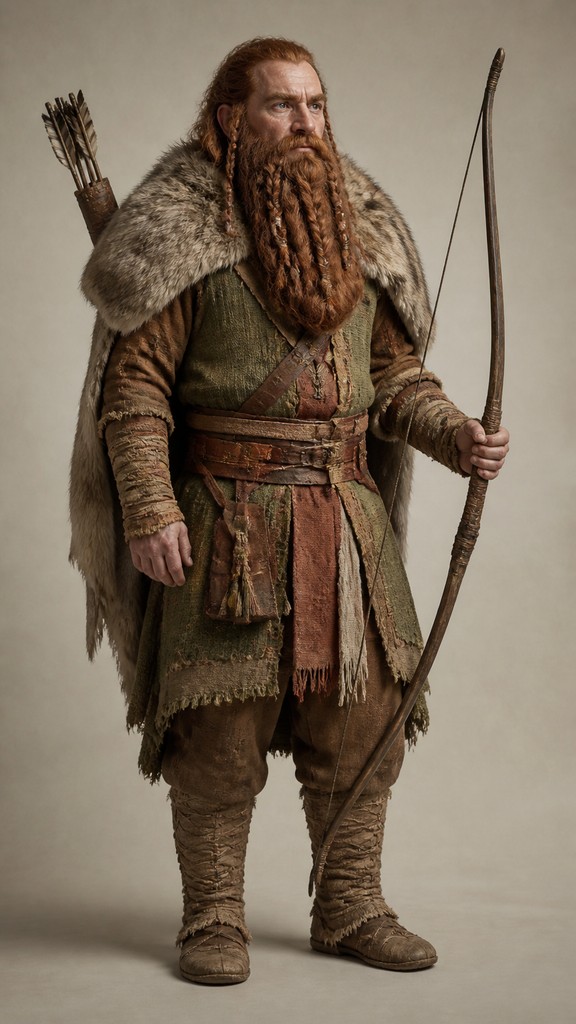 full-body original character: a dwarven ranger with a braided auburn beard, worn leather armor, a longbow and a wolf-pelt cloak, neutral background, no text