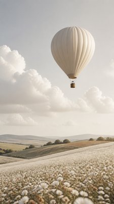 a hot air balloon drifting over rolling flower fields on a sunny day, cheerful, no text