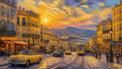 bustling city street panorama at dusk
