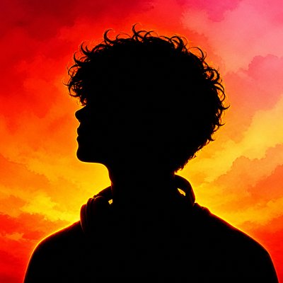 head-and-shoulders portrait of an original character: a young man with curly dark hair and headphones around his neck, plain backdrop, no text