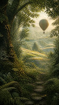 a hot air balloon drifting over rolling flower fields on a sunny day, cheerful, no text