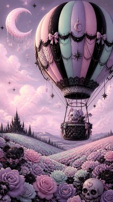 a hot air balloon drifting over rolling flower fields on a sunny day, cheerful, no text