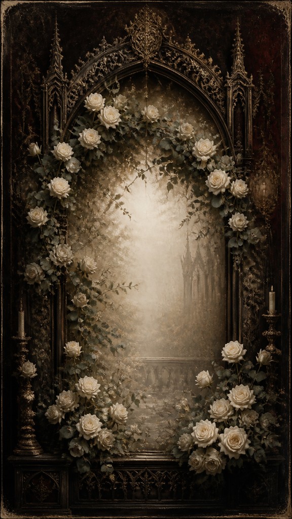 an arch of white roses and eucalyptus in soft morning light, elegant vertical composition with open space, no text