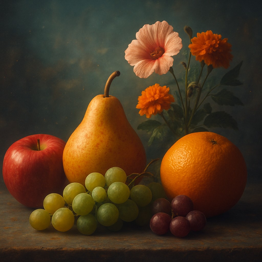 still life arrangement of fruits and flowers