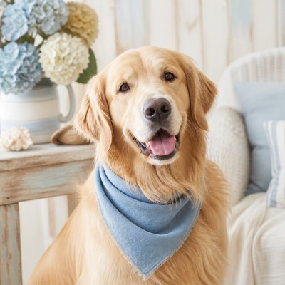 portrait of a golden retriever wearing a blue bandana, warm plain backdrop, no text