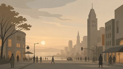 bustling city street panorama at dusk