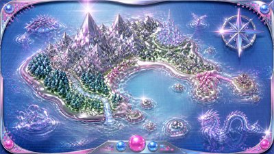 a map of an island realm with mountains, forests, a sheltered bay, sea monsters in the water and a compass rose, no text labels