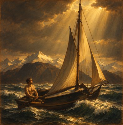 a painting of a man sitting on a boat in a body of water