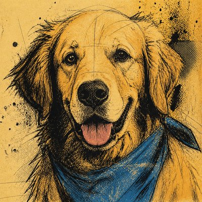 portrait of a golden retriever wearing a blue bandana, warm plain backdrop, no text