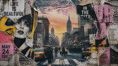 bustling city street panorama at dusk