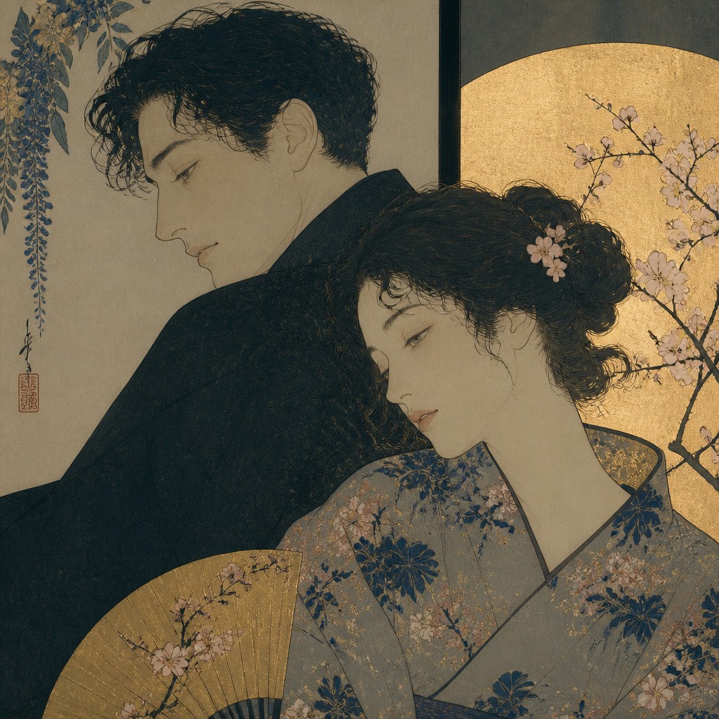 portrait of two people together — Japonisme Art Style
