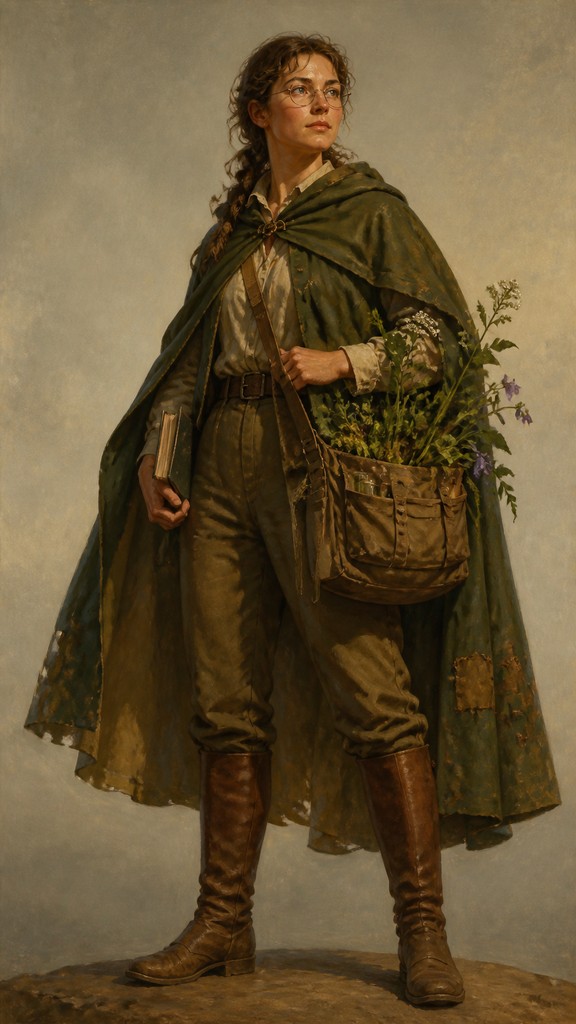 full-body original character: a wandering botanist with a satchel of plants, a patched green cloak, tall boots and round glasses, neutral background