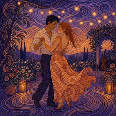 an original couple dancing under string lights in a garden at dusk: a man with short black hair in a linen shirt and a woman with braided red hair in a summer dress