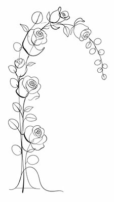 an arch of white roses and eucalyptus in soft morning light, elegant vertical composition with open space, no text