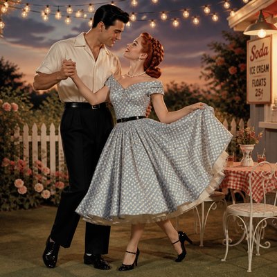 an original couple dancing under string lights in a garden at dusk: a man with short black hair in a linen shirt and a woman with braided red hair in a summer dress
