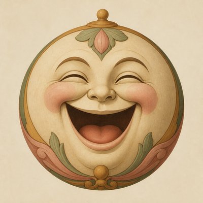 an exaggerated laughing face of an original round mascot character, bold and readable at small size, plain background, no text