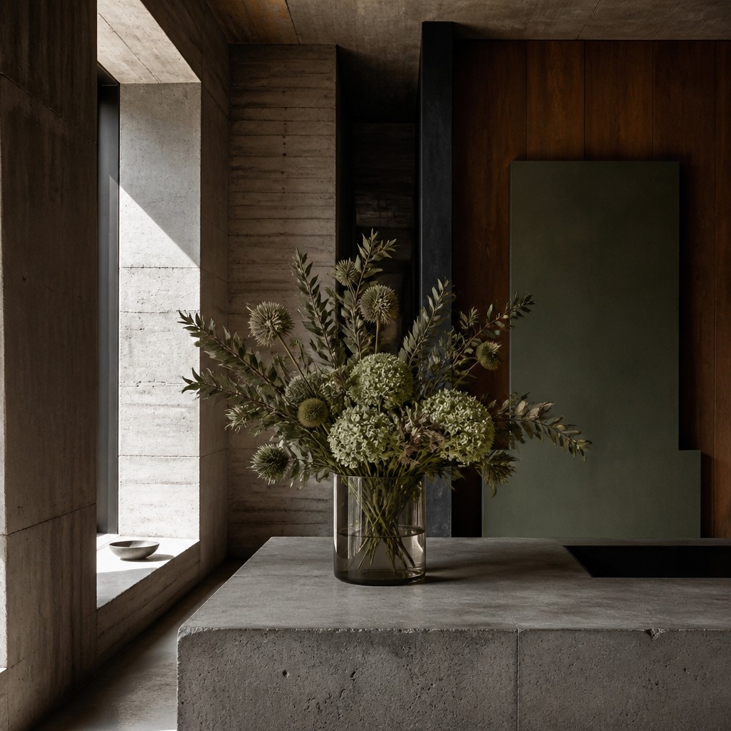 bouquet of flowers in a glass vase — Brutalist Interior Design