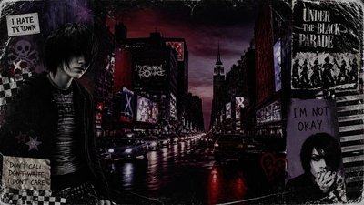 bustling city street panorama at dusk