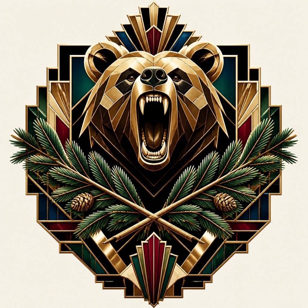 a roaring bear head above crossed pine branches, bold graphic composition on a plain background, no text