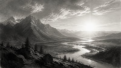 a vast valley with a river winding toward distant mountains at sunrise, no people, no text
