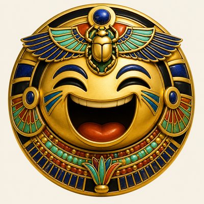 an exaggerated laughing face of an original round mascot character, bold and readable at small size, plain background, no text