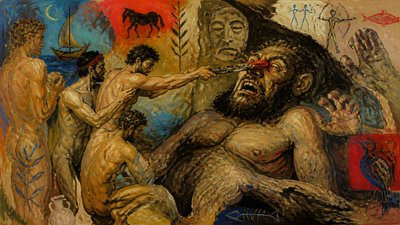 the ancient greek ignudi Odysseus and his men blind the one-eyed giant in his cave