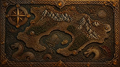 a map of an island realm with mountains, forests, a sheltered bay, sea monsters in the water and a compass rose, no text labels