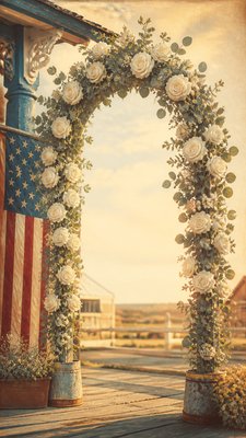 an arch of white roses and eucalyptus in soft morning light, elegant vertical composition with open space, no text