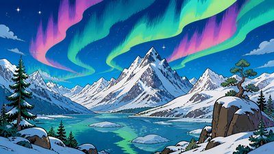 a flowing aurora over snowy peaks, wide sweeping composition, no people, no text