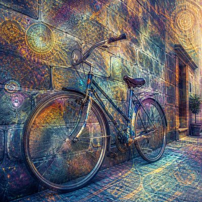 bicyle resting against a wall