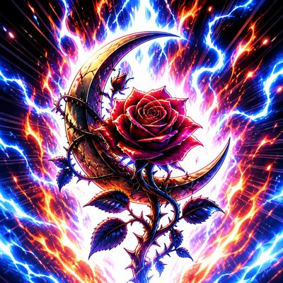 a rose entwined with a crescent moon, clean balanced composition on a plain background, no text