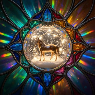 Tiny Horse Inside a Glass Ornament
a clear glass christmas ornament containing a miniature horse scene, glowing fairy lights, gentle snowfall particles inside, hyper-detailed reflections, delicate glass texture, whimsical fantasy realism, dreamy warm lighting, bokeh background