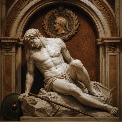 a classical athlete posing as the Dying Gaul for an artist