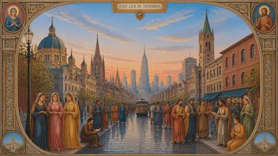 bustling city street panorama at dusk