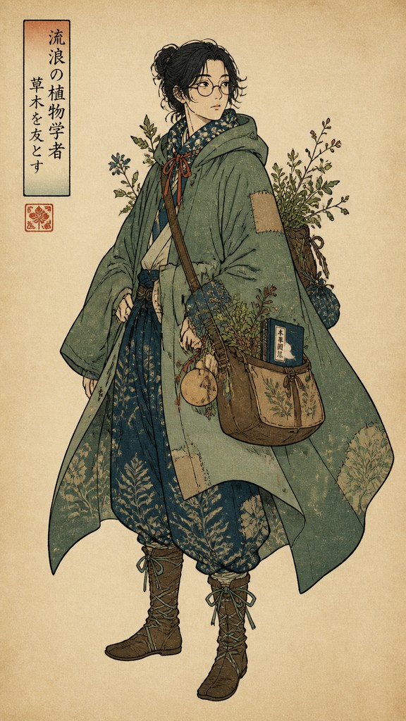 full-body original character: a wandering botanist with a satchel of plants, a patched green cloak, tall boots and round glasses, neutral background