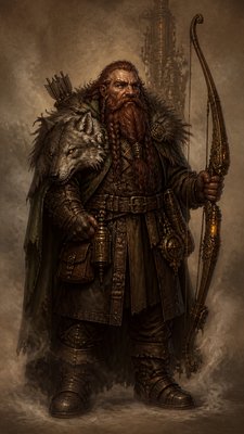 full-body original character: a dwarven ranger with a braided auburn beard, worn leather armor, a longbow and a wolf-pelt cloak, neutral background, no text