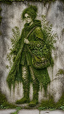 full-body original character: a wandering botanist with a satchel of plants, a patched green cloak, tall boots and round glasses, neutral background