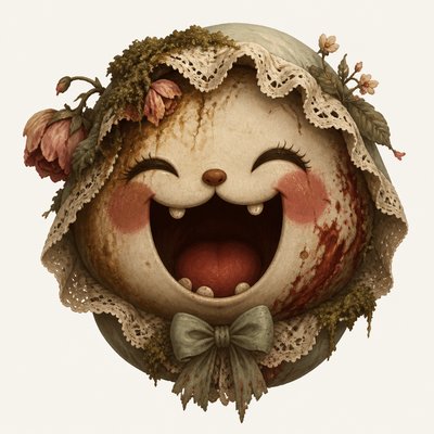 an exaggerated laughing face of an original round mascot character, bold and readable at small size, plain background, no text