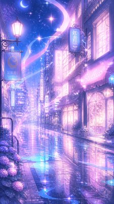 a quiet rainy city street at night reflecting neon signs, no people