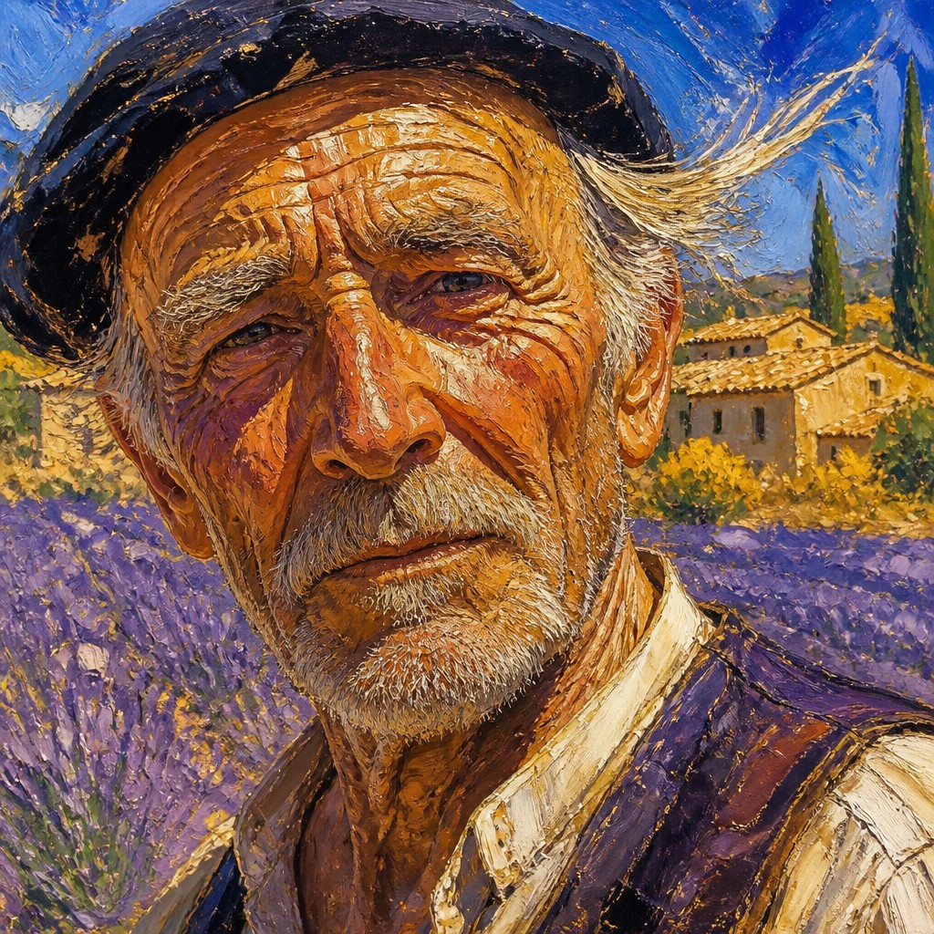 close-up portrait of an elderly person with expressive weathered features — Provence Light Art Style
