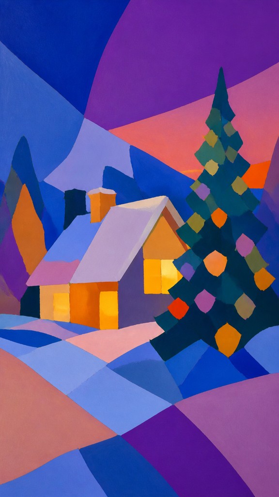 a snow-covered cottage with warm glowing windows beside a decorated pine tree, gentle snowfall, no text