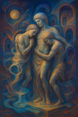 a painting of two men embracing each other