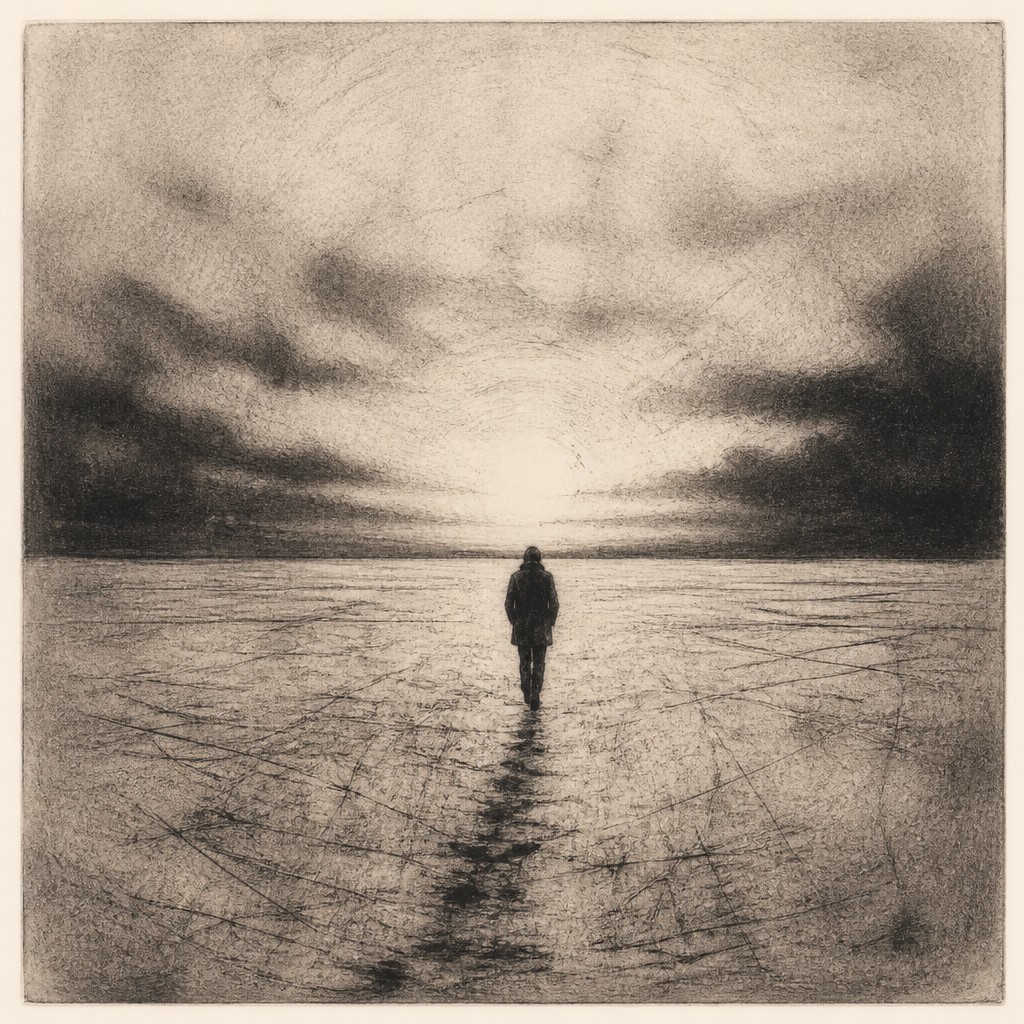 a solitary figure walking toward a glowing horizon across an empty plain, moody atmosphere, no text or lettering