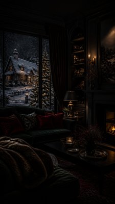 a snow-covered cottage with warm glowing windows beside a decorated pine tree, gentle snowfall, no text