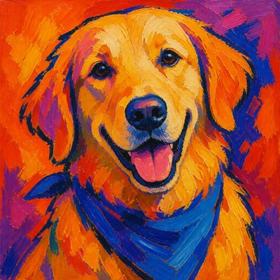 portrait of a golden retriever wearing a blue bandana, warm plain backdrop, no text