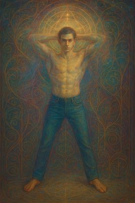 a painting of a shirtless man with his hands on his hips