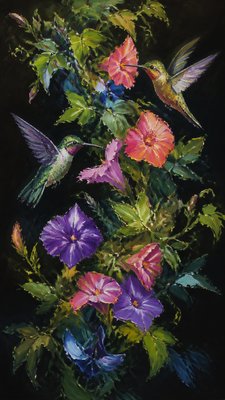 a climbing vine of flowers and hummingbirds on a dark background, tall wrapping composition, no text